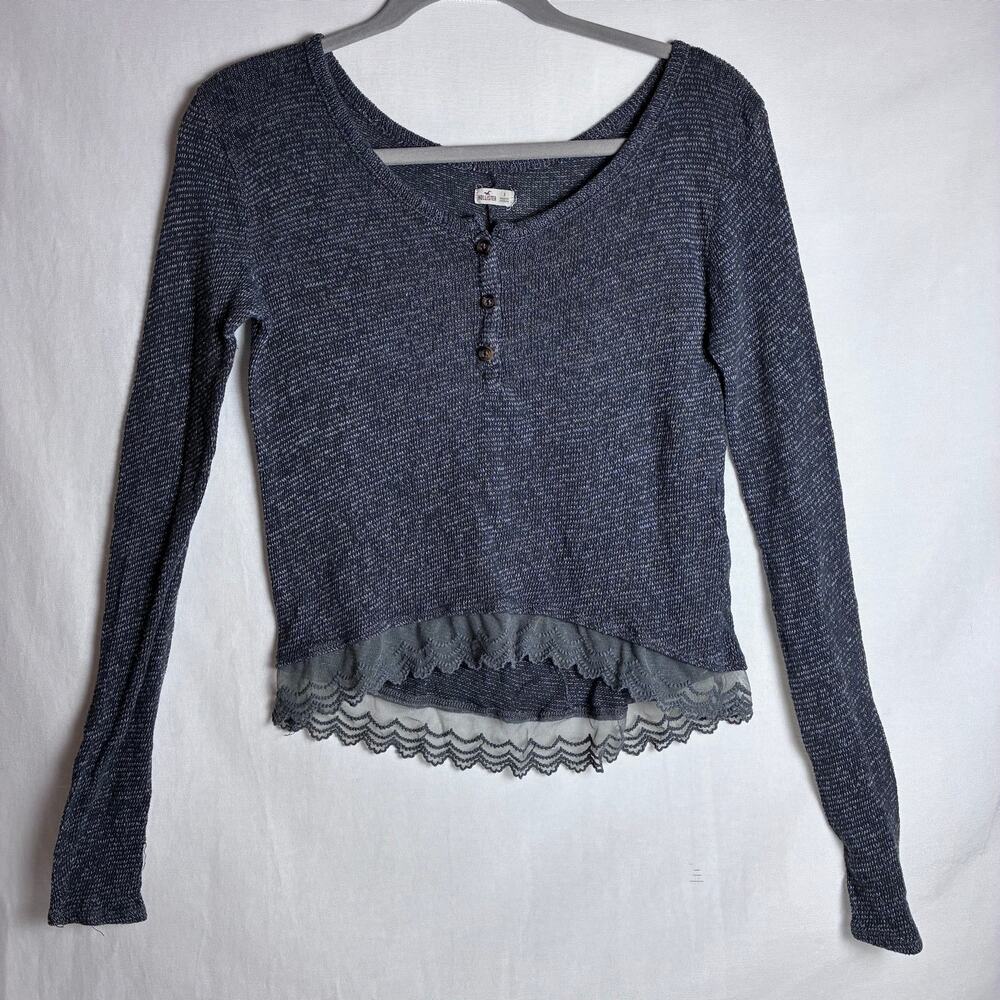 Hollister Y2K Gray Knit Lace Trim Henley Top Coquette Soft Girl Sweater Small